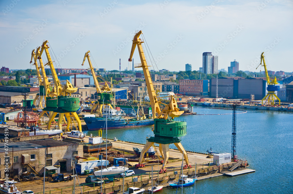 Cargo shipyard with gantry in Klaipeda, Lithuania