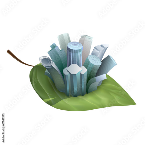 Skyscrapers growing from a leaf