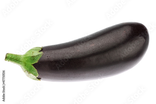 Fresh ripe eggplant in water droplets. On a white background.