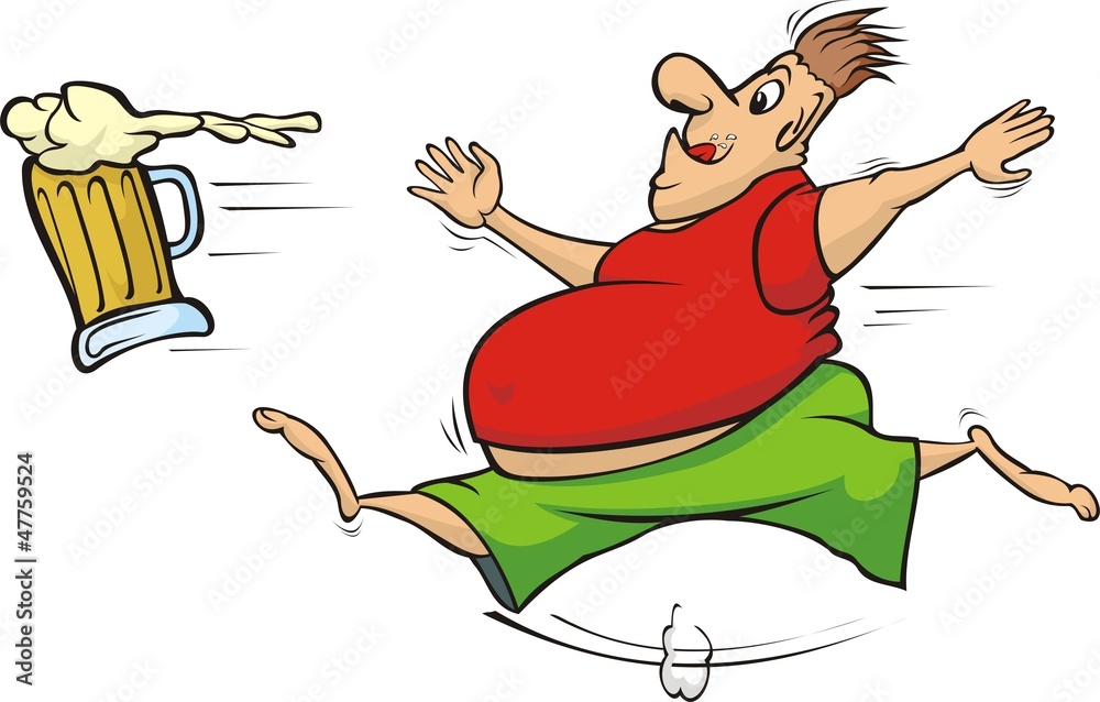 fat man chasing a mug of beer fat man chasing a mug of beer