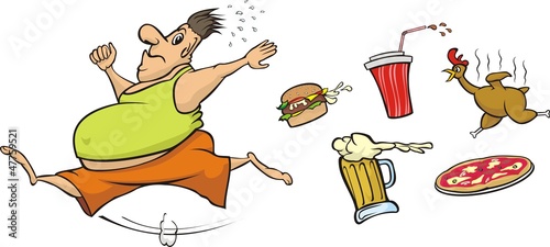 fat man runs away from unhealthy food