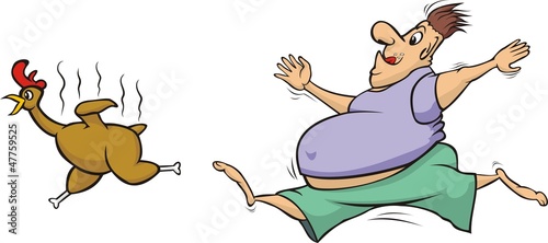 fat man chasing a grilled chicken