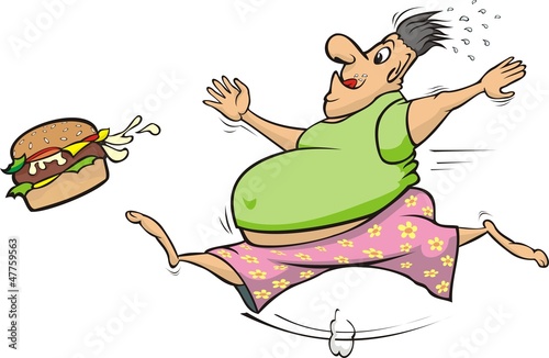 fat man chasing a hamburger