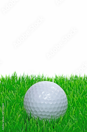 A golf ball sitting on grass with white background copy space