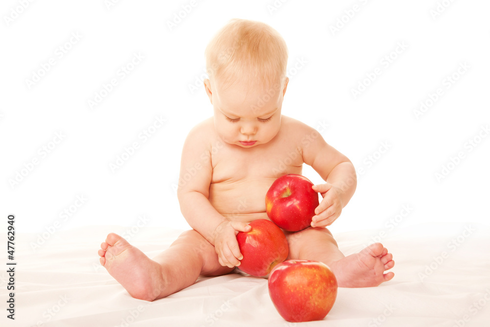 Baby with big red apples Isolated on white Baby with big red apples Isolated on white
