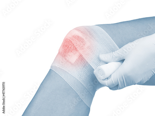 Cotton bandage over a wound on knee.