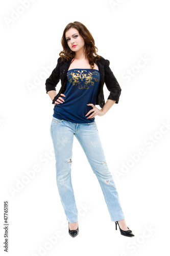 woman wearing a blue jeans posing