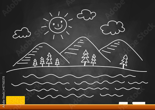 Drawing of landscape on blackboard