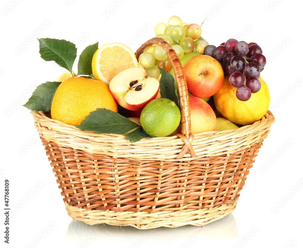 Assortment of exotic fruits in basket, isolated on white Assortment of exotic fruits in basket, isolated on white