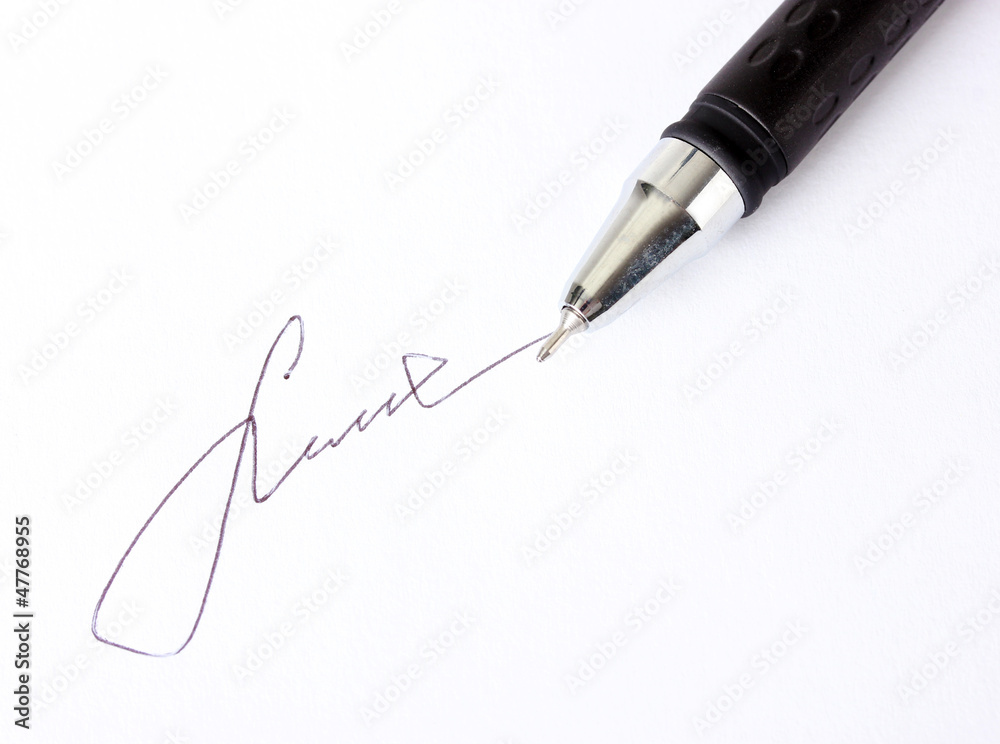 Fototapeta premium Closeup of signature (fake, not real) and pen, isolated on