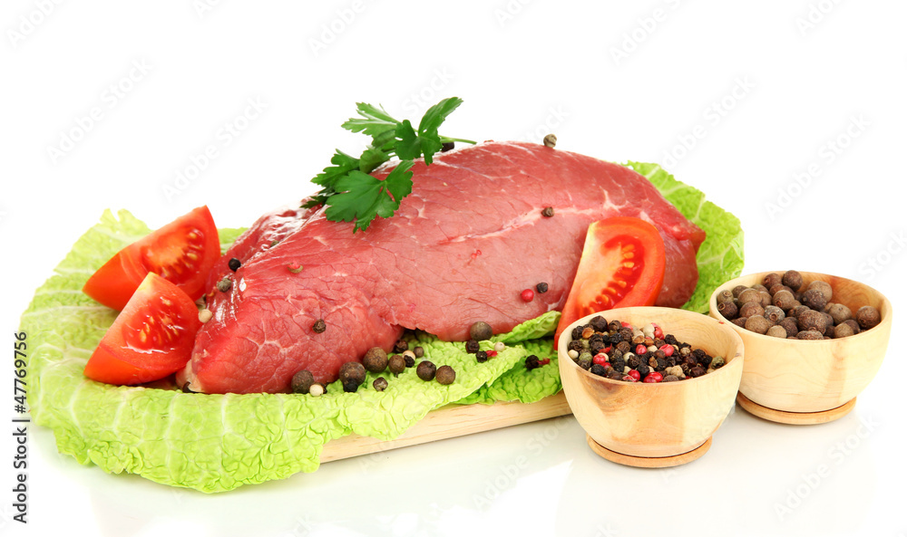 Raw beef meat marinated with herbs and spices isolated on white