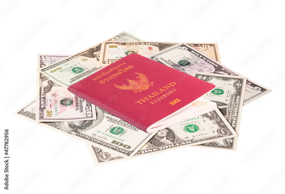 us dollar banknote with Thailand passport on white background us dollar banknote with Thailand passport on white background