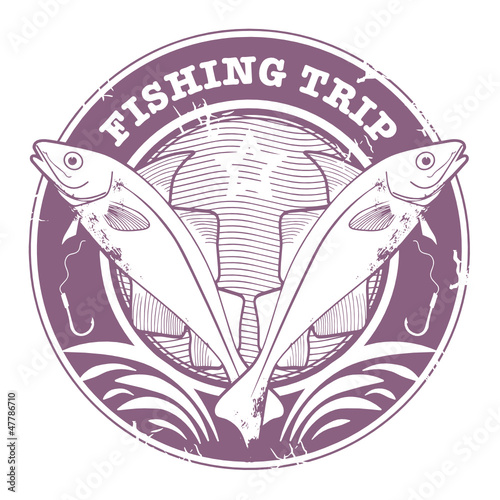 Stamp with fish shape and the text Fishing Trip, vector