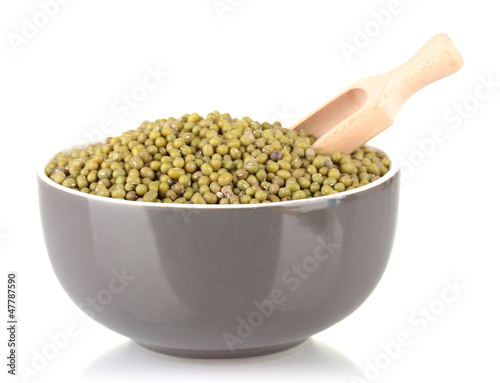 Green mung beans  with scoop in bowl isolated on white