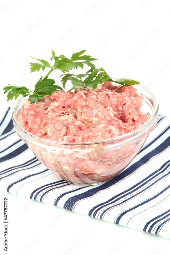 Bowl of raw ground meat isolated on white Bowl of raw ground meat isolated on white