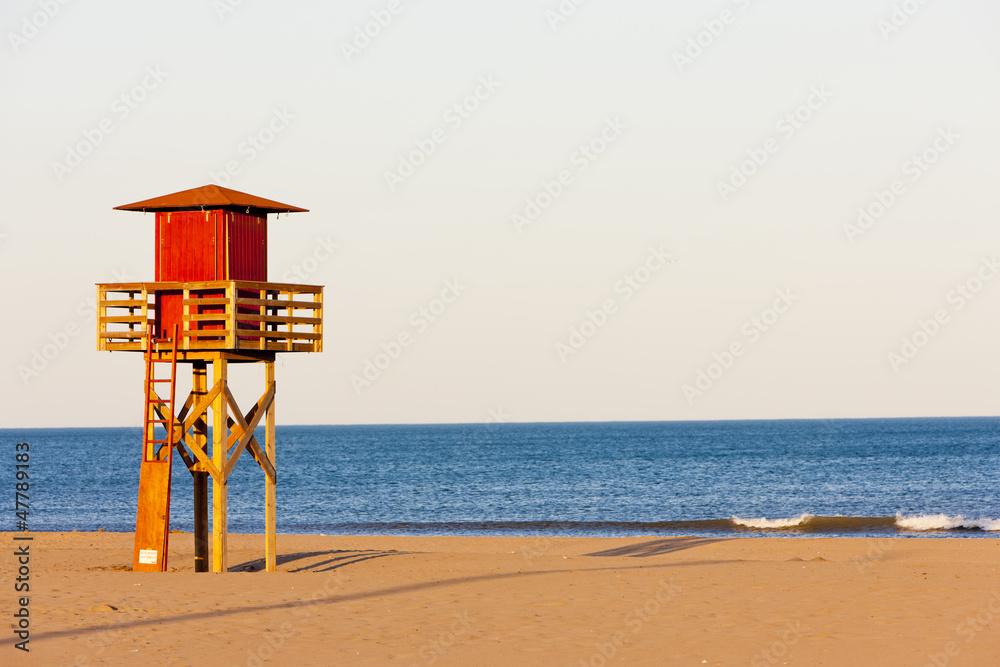 lifeguard cabin on the beach in Narbonne Plage, Languedoc-Roussi