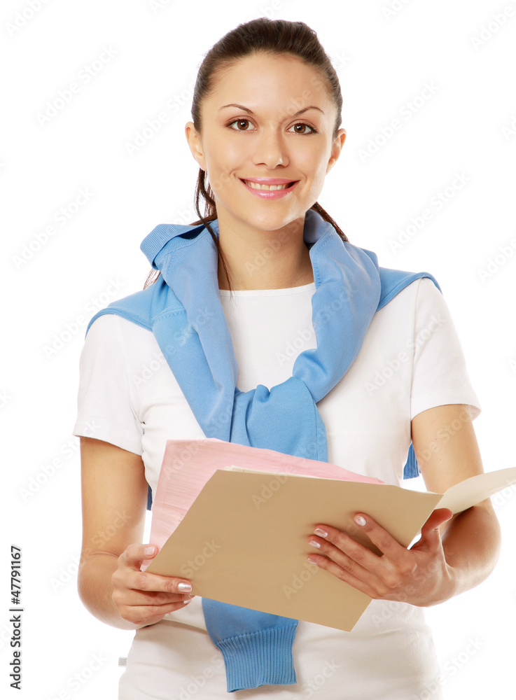 A woman making notes in a folder, isolated on white background