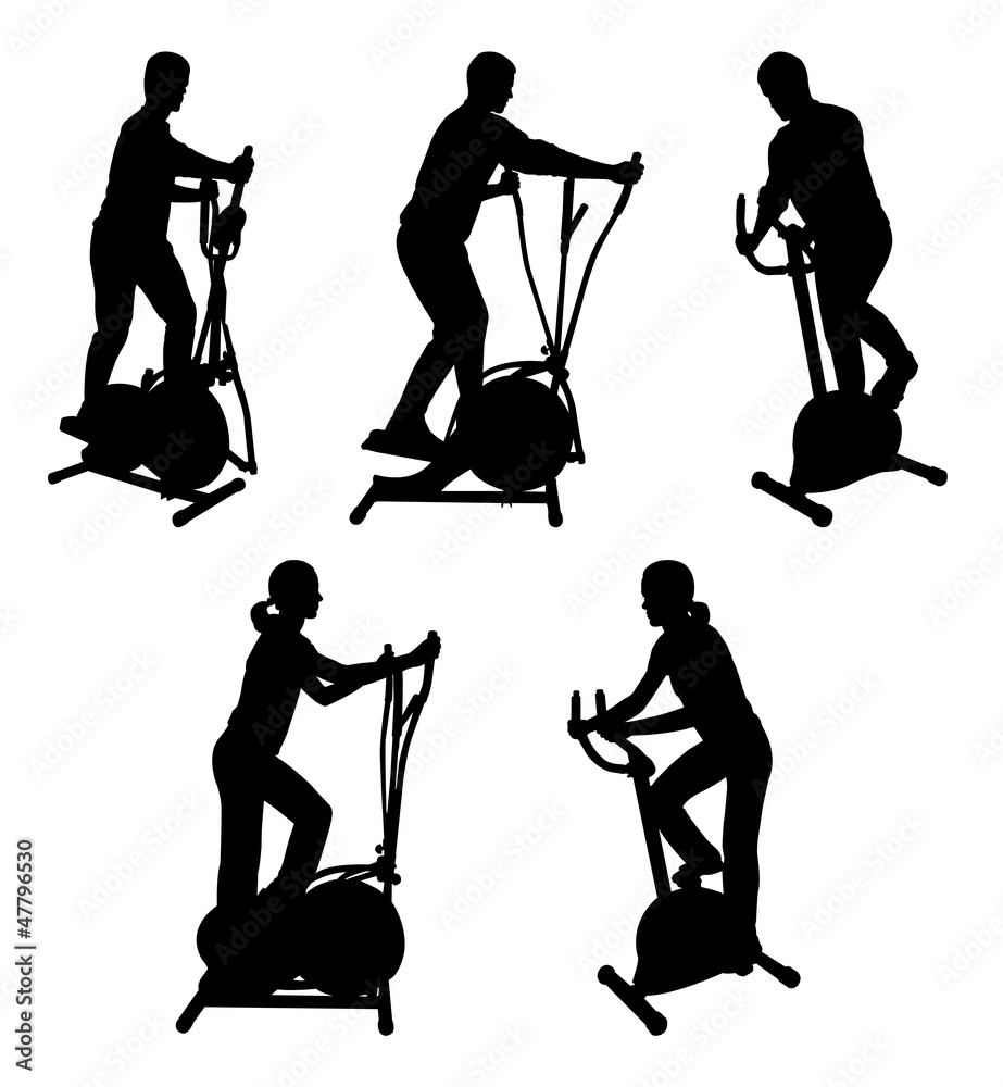 Obraz premium silhouettes of fitness people on gym bikes