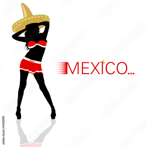 girl with sombrero in red vector silhouette