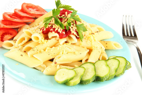 Rigatoni pasta dish with tomato sauce close up