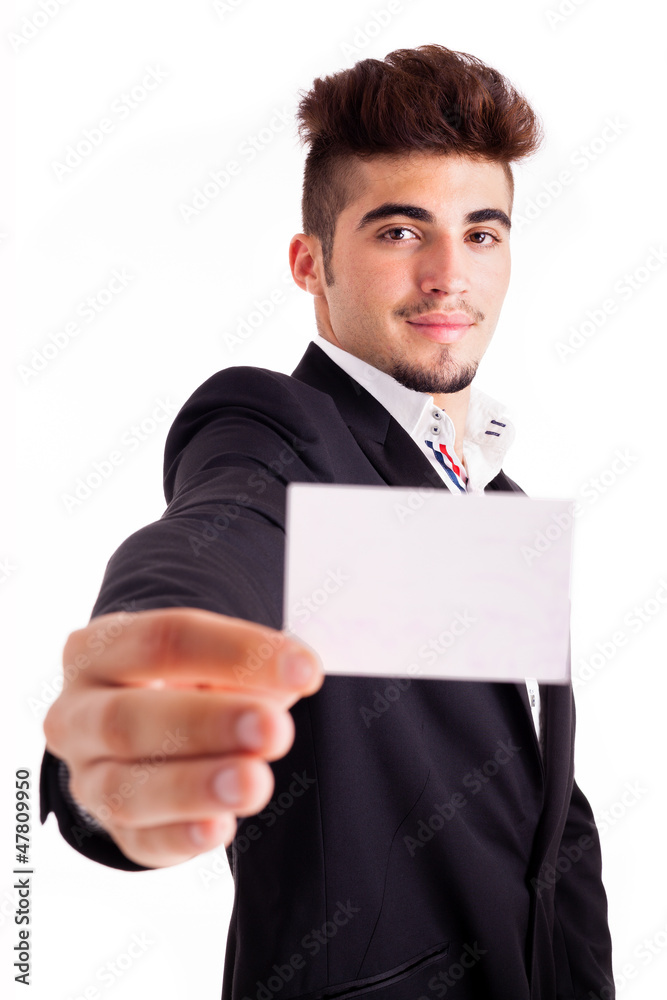 Smiling business man showing blank businesscard, isolated over w Smiling business man showing blank businesscard, isolated over w