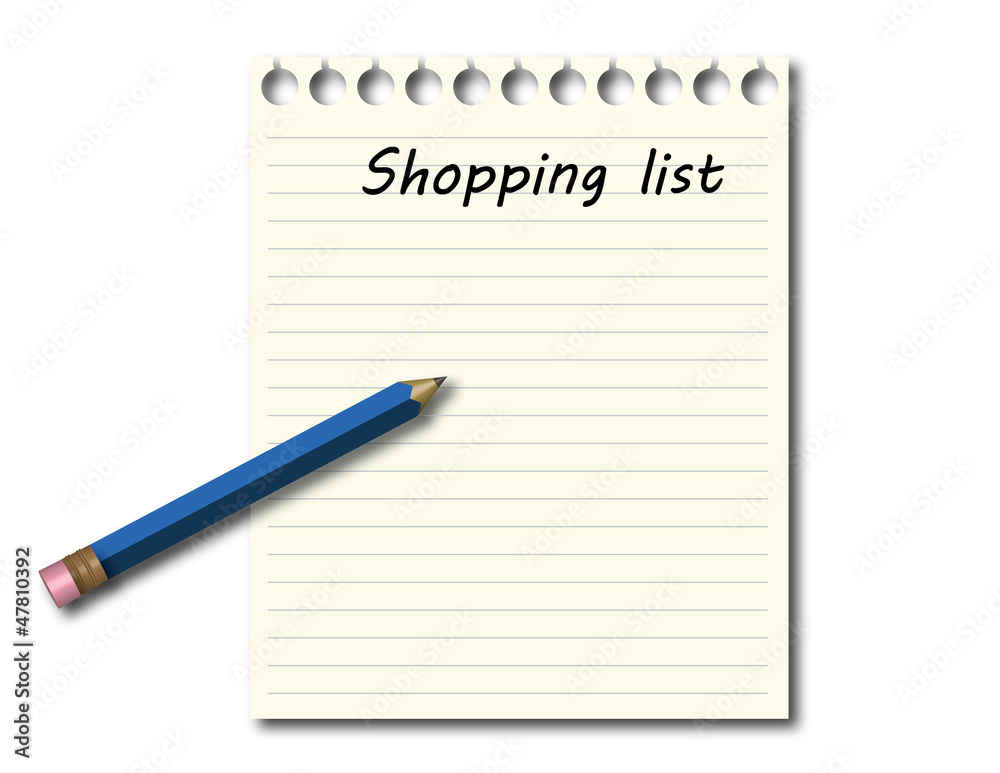 Shopping list with blue pencil