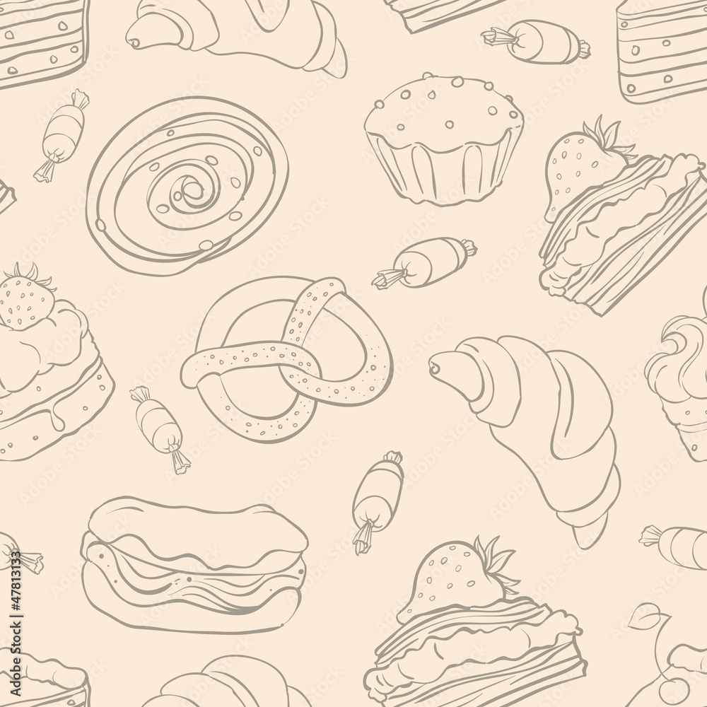 Seamless pattern with a variety of delicious desserts