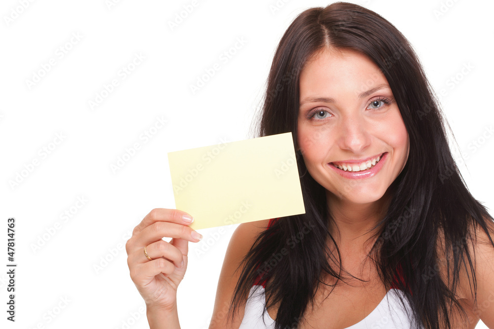 Gift card. Excited woman showing empty blank paper card sign Gift card. Excited woman showing empty blank paper card sign