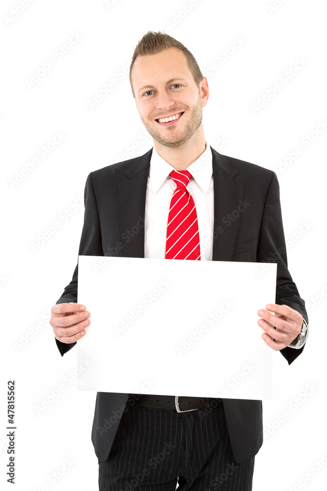 Geschäftsmann mit Schild in der Hand Geschäftsmann mit Schild in der Hand