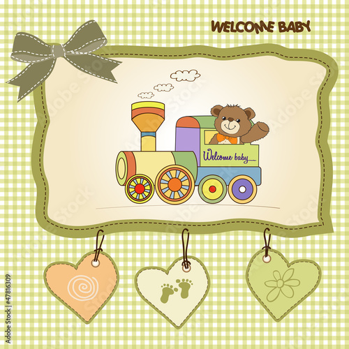 baby shower card with teddy bear and train toy