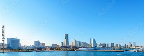 Panoramic view of Minato-Mirai skyline over Yokohama harbor