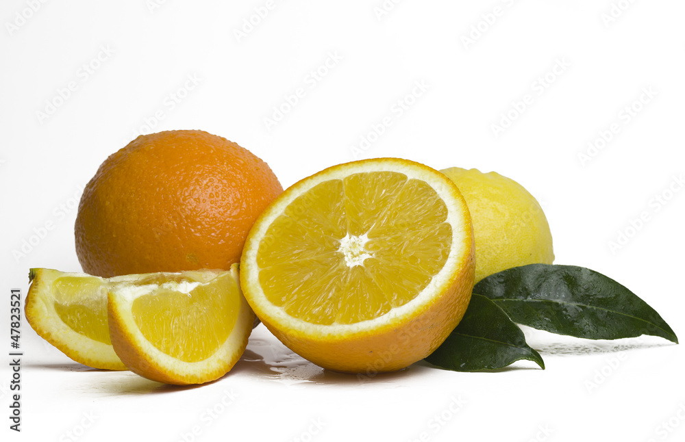 Whole orange fruit and his segments or slices