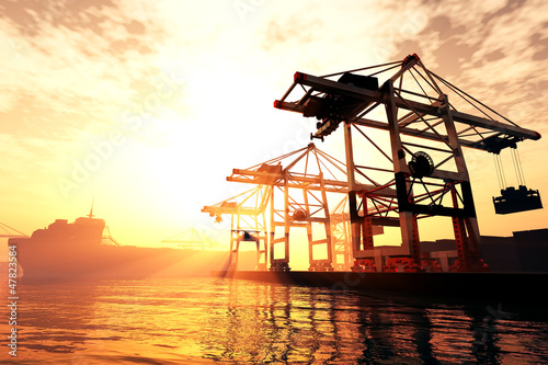 Industrial Port sunset sunrise 3D render photo