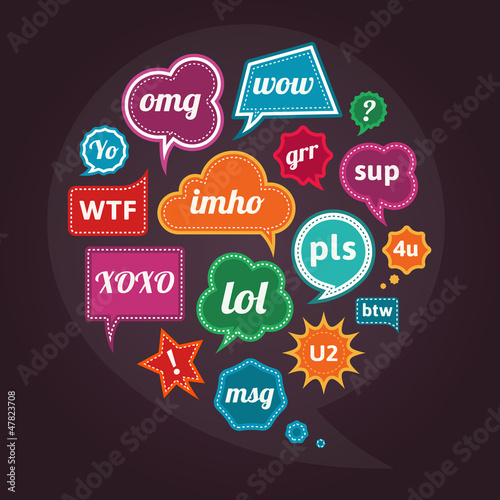 Collection of acronyms and abbreviations colorful speech bubbles
