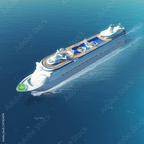 Cruise ship with heliport and pools sailing on the sea