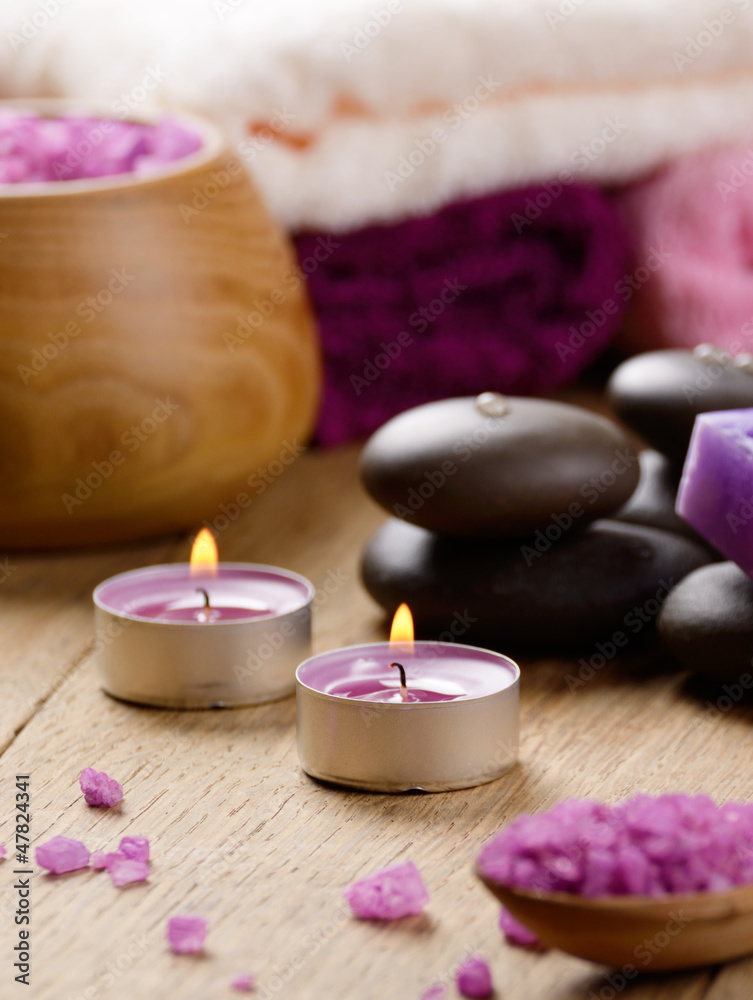 Spa lavender salt set on the wooden table with copy-space