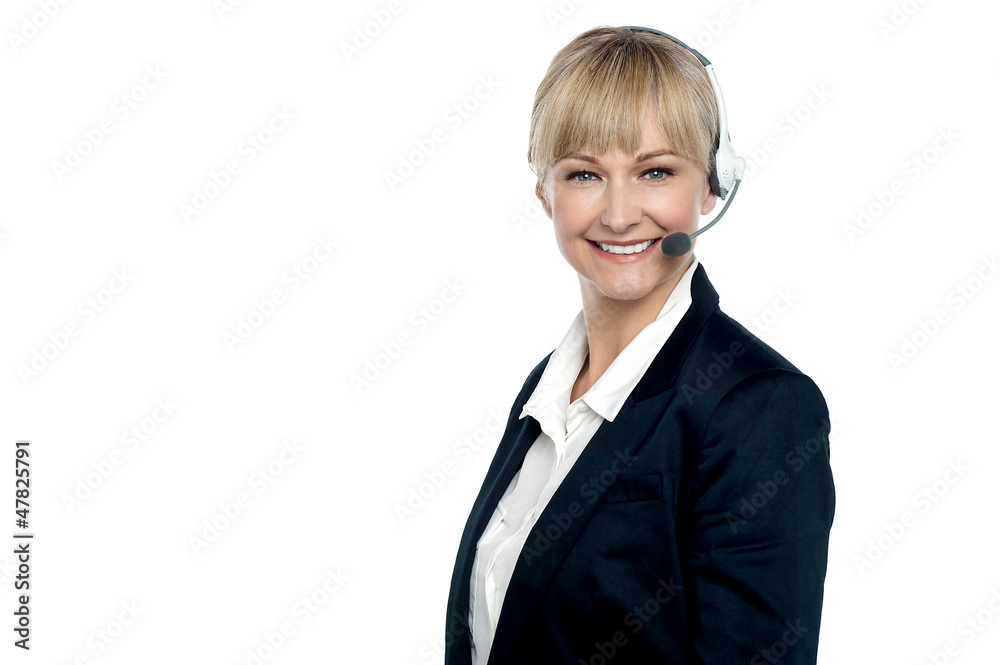 Corporate telecaller smiling confidently