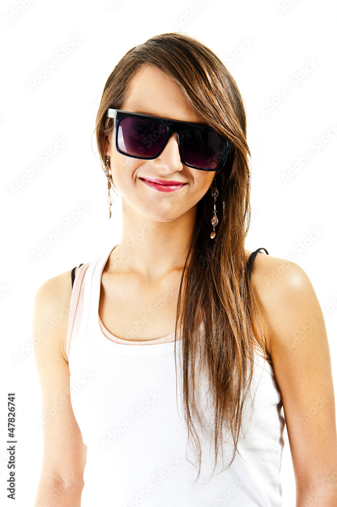Woman on white background with sunglasses Woman on white background with sunglasses