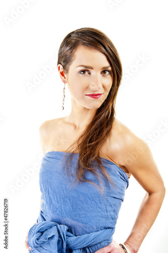 Beautiful woman on white background with long hair