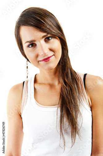 Woman with long hair on white background