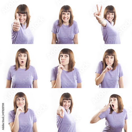 young woman face expressions composite isolated on white backgro