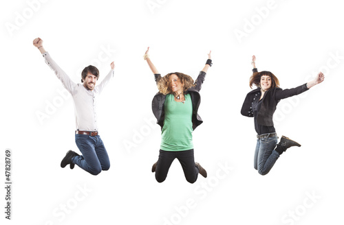 three happy young people jumping