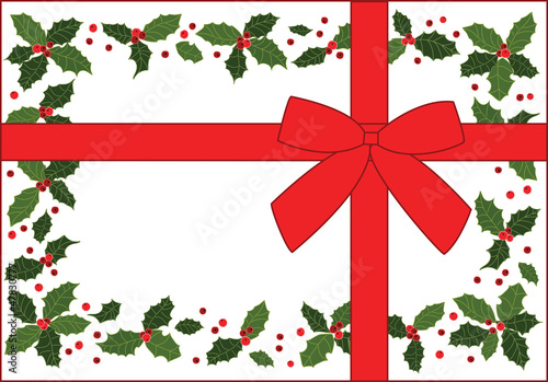 Christmas gift - decorative Christmas greeting card, frame or background with holly pattern and red ribbon