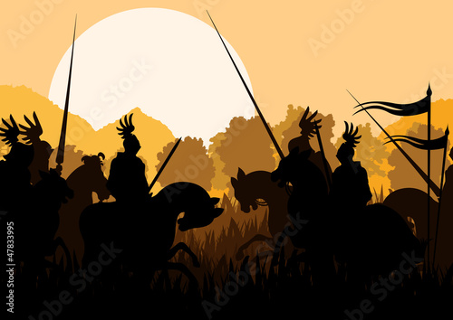 Medieval knight horseman silhouettes