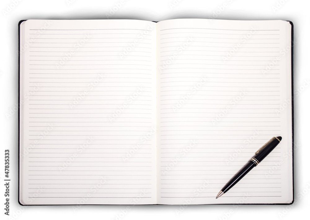 Open notebook with a pen