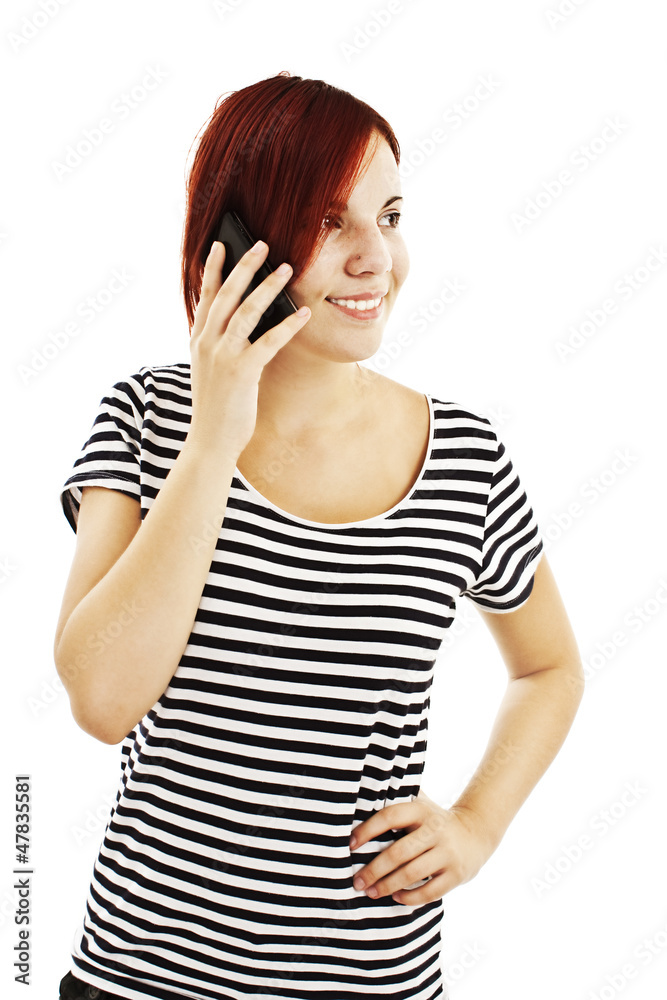 Young girl with phone on white background Young girl with phone on white background