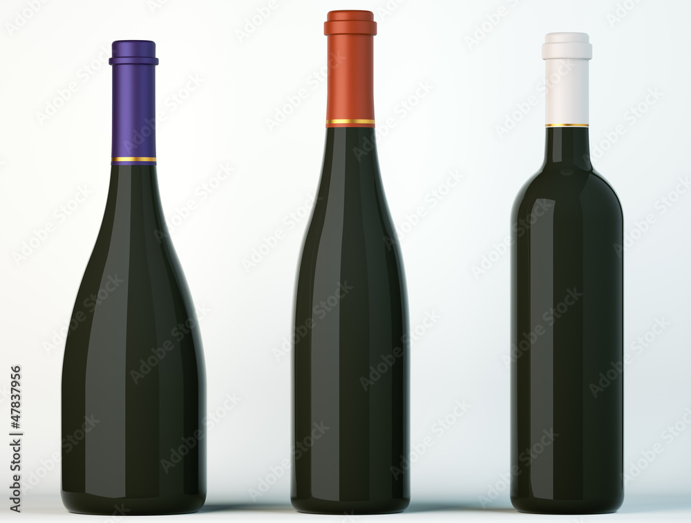 Three corked black bottles for wine or beverages