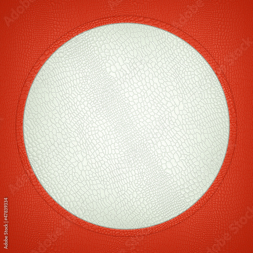 Red and white stitched circle shape on mock croc