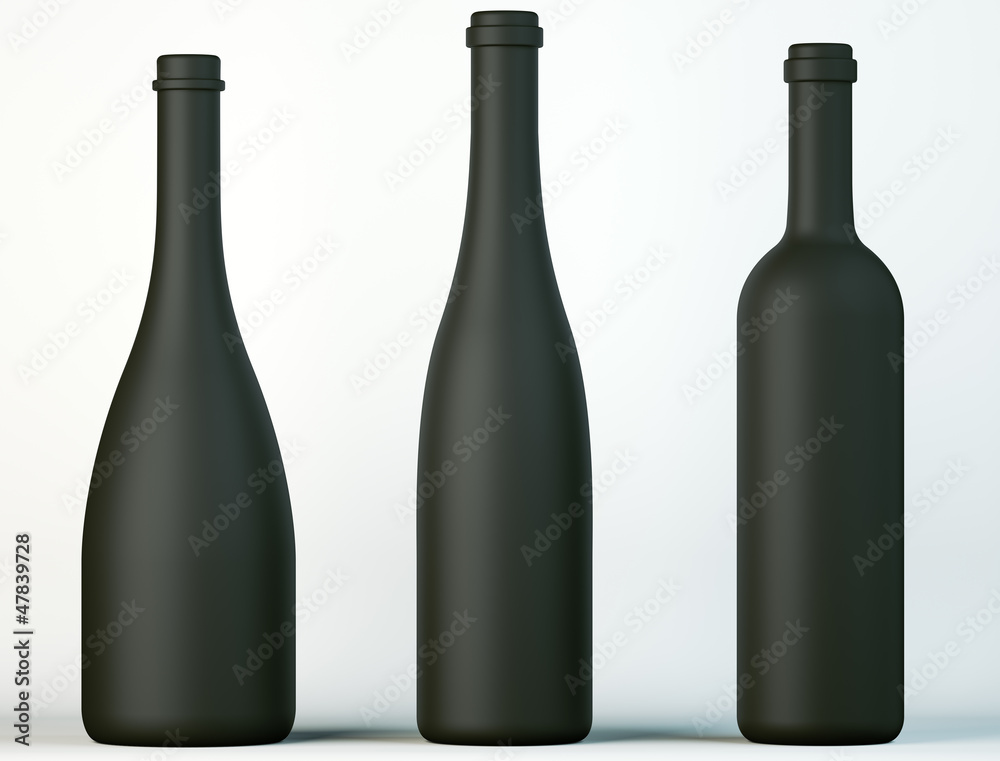 Three uncorked black bottles for wine or beverages Three uncorked black bottles for wine or beverages