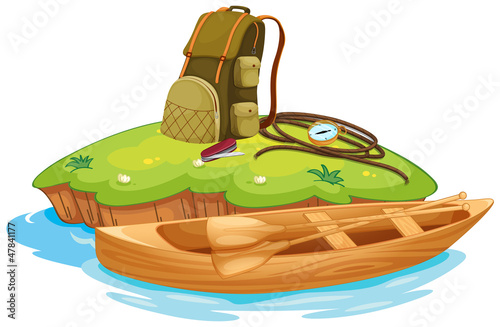 vaious objects for camping and a canoe